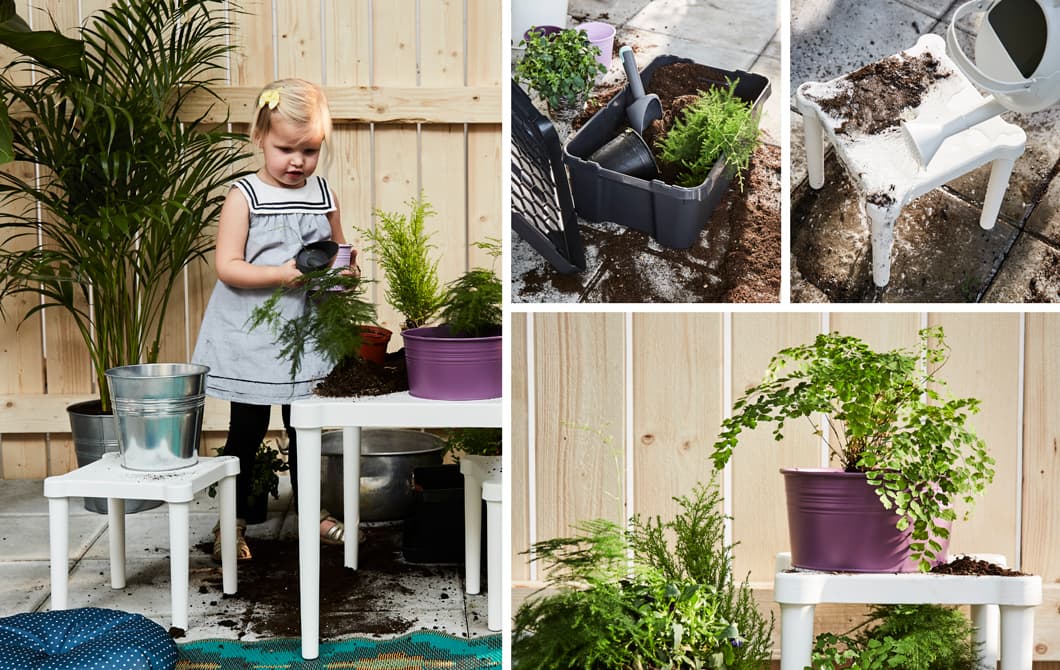 A collage of pictures showing dirt in a box, a toddler scooping dirt and plants in plant pots