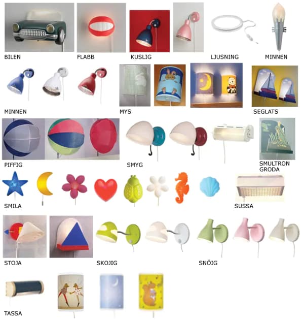 A collage of several children's wall mounted lamps in various colors, sizes and shapes.