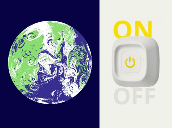 A collage with a green, blue and white illustration of the earth next to a photo of a giant, white power switch.