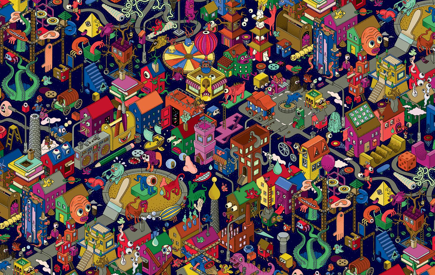 A colourful illustration of a fantasy city.