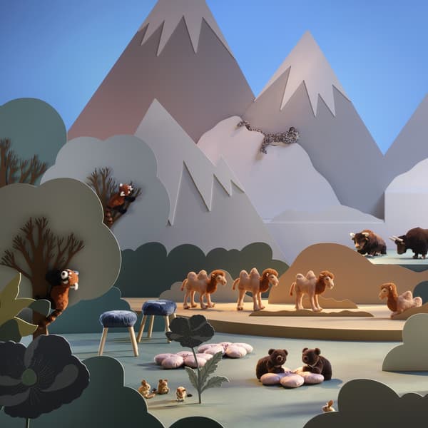 A colourful mountain landscape with snowy peaks, a lake and a red tent, featuring ALPTALL animals including a tiger, camels, yaks, red pandas and snow leopards.