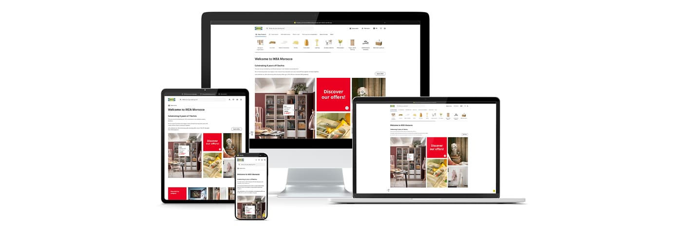A computer, laptop, tablet and mobile phone with the IKEA website show various online shopping options on the IKEA online shop.