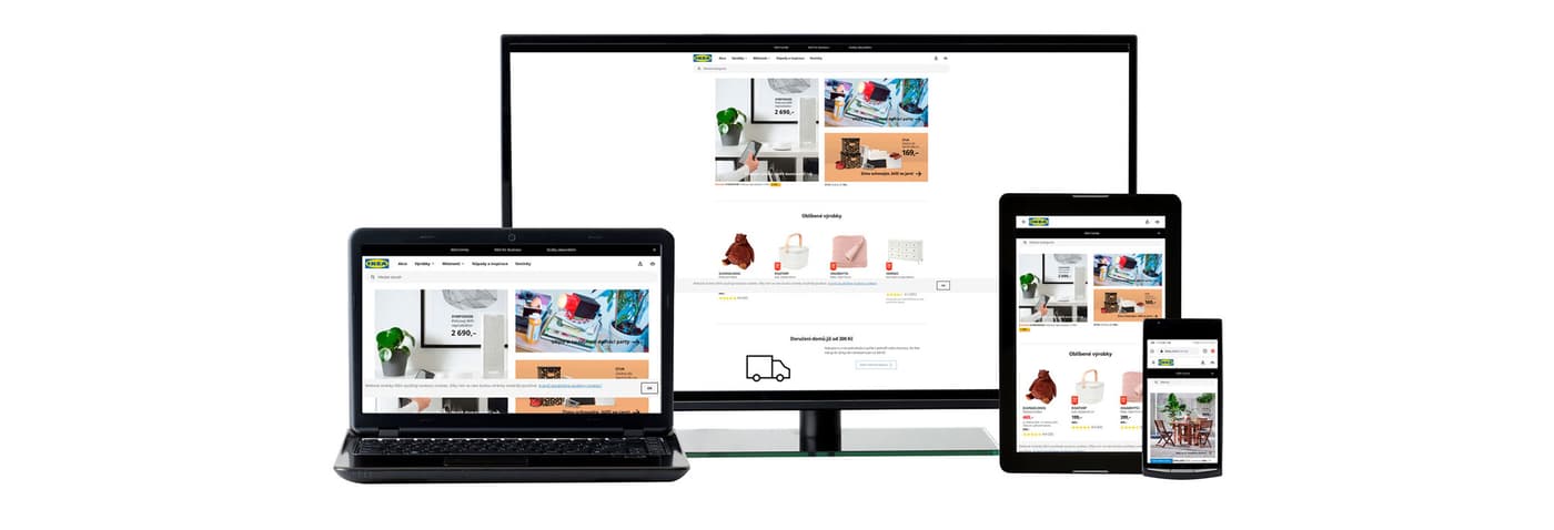 A computer, laptop, tablet and mobile phone with the IKEA website show various online shopping options on the IKEA e-shop.