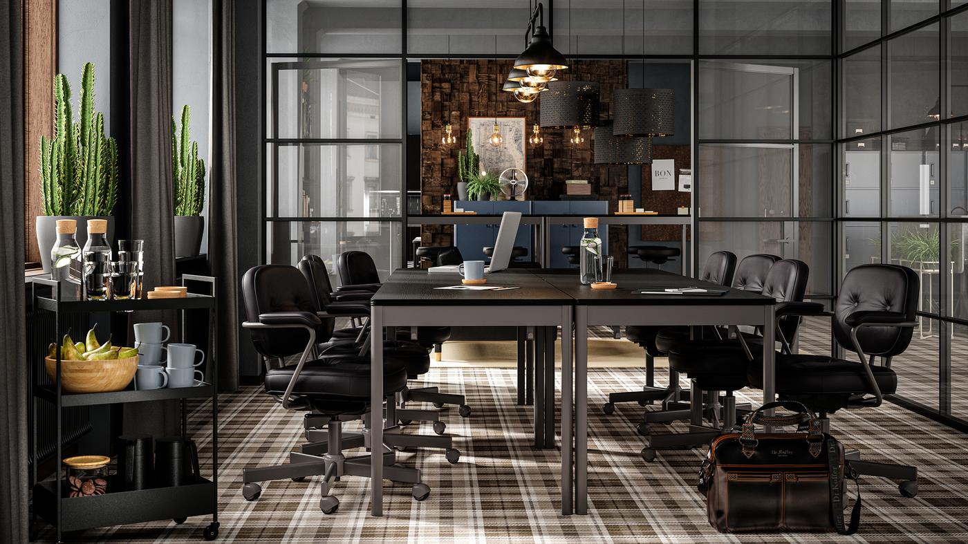 A conference room with dark furniture, glass walls, brown checkered floor, leather seats and cacti by the window.