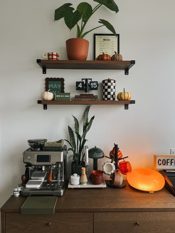 A cosy coffee corner at home with an espresso machine on a wooden sideboard, a decorative lamp, coffee cups, plants, and two wall shelves with accessories against a light-coloured wall.