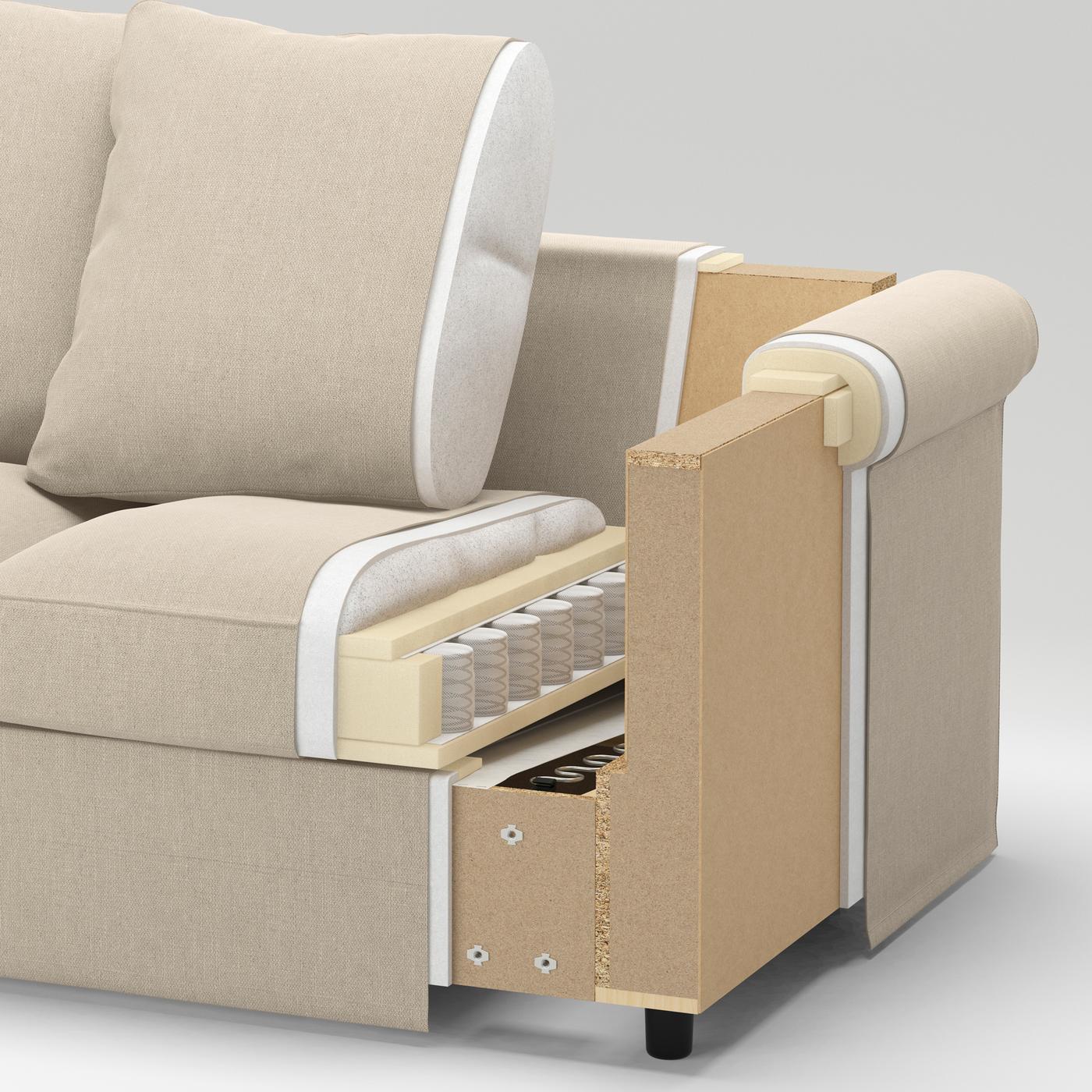 A cross-section of a GRÖNLID 2-seat sofa showing its pocket spring cushions, foam and a top layer of fibre balls.