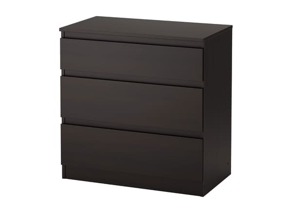 A dark 3 drawer chest against a white background