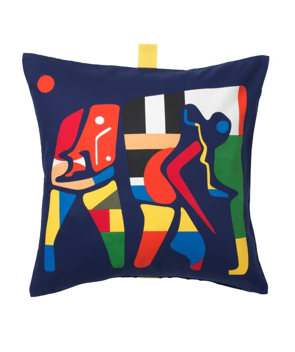 A dark blue cushion with colourful elephant motif on a white background.