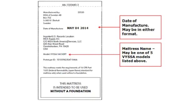 A diagram pointing to a mattress label tag and where the manufacture date and mattress name will be.