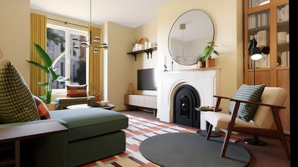 A digitally created image of a living room with a white fireplace, yellow walls, a blue sofa, a patterned rug with a brown round coffee table