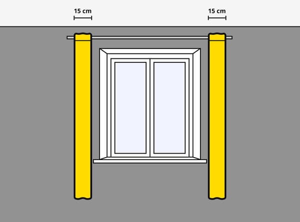 A drawing of a window frame with standard curtains.