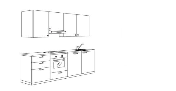 A drawing of an 8-cabinet kitchen layout