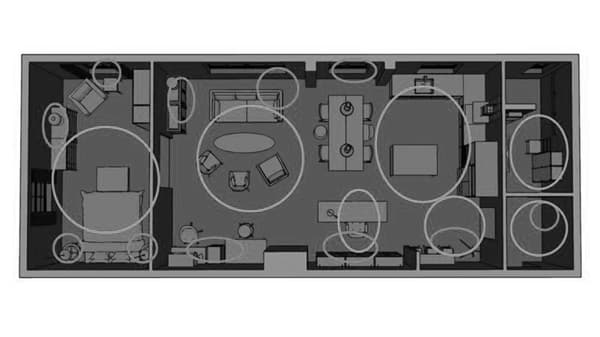 A floor plan of a house with circles drawn. These circles indicate how much light is needed and where the power outlets are.