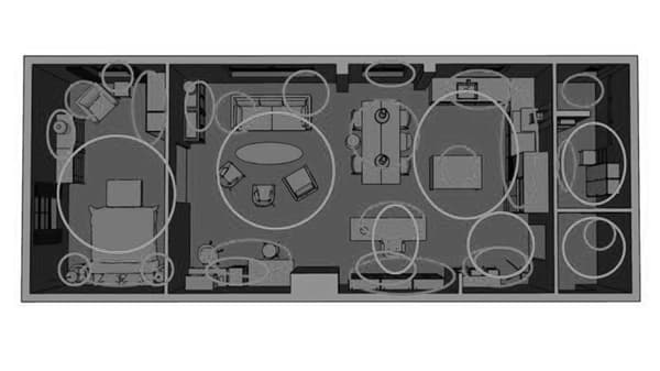 A floor plan of a house with circles indicating where lamps and light points should be placed for a perfect lighting plan.