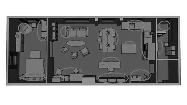 A floor plan of a house with circles indicating where light is needed.