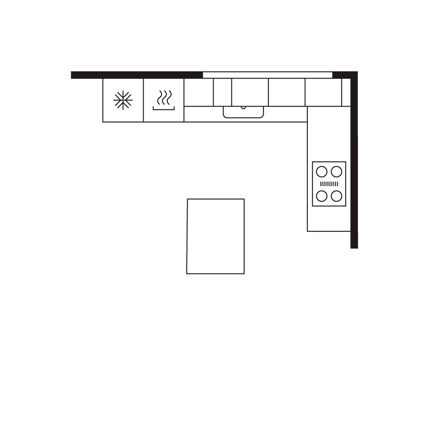A floorplan of an L-shaped medium-sized kitchen shows a large kitchen island and an open floorplan with a dining area.