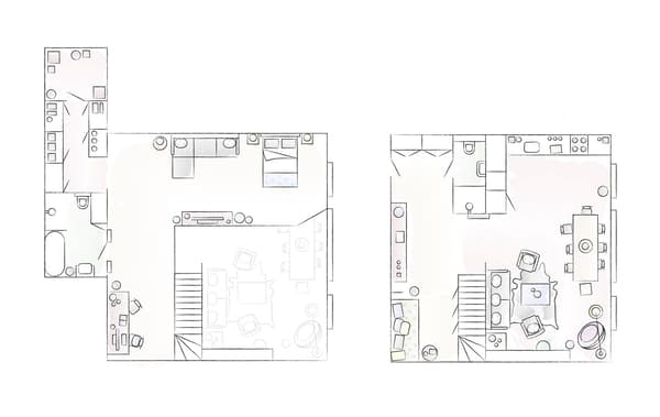 A floorplan of Jules’ home, upper and lower levels.