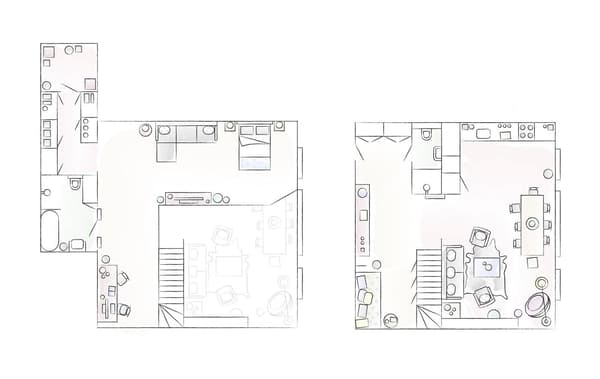 A floorplan of Jules’ home, upper and lower levels.