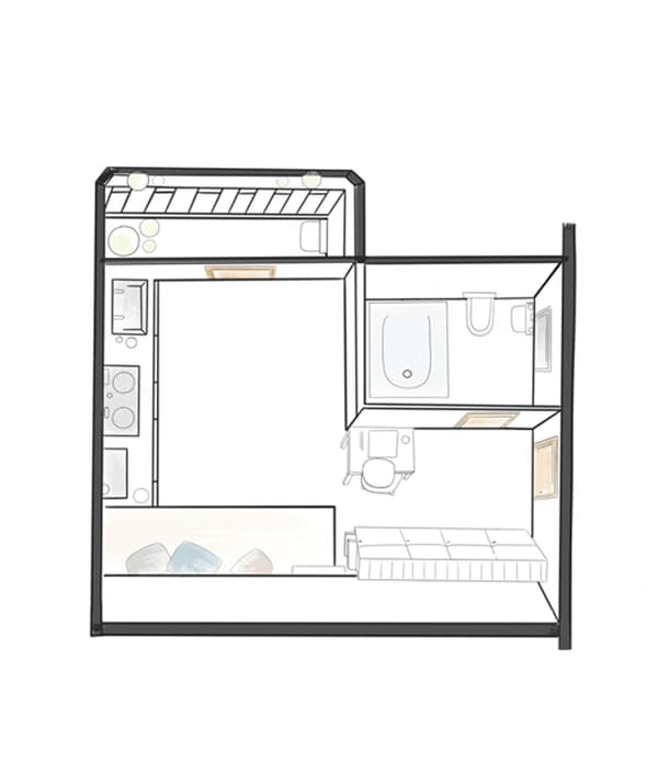 A floorplan of Rhianna’s tiny apartment.
