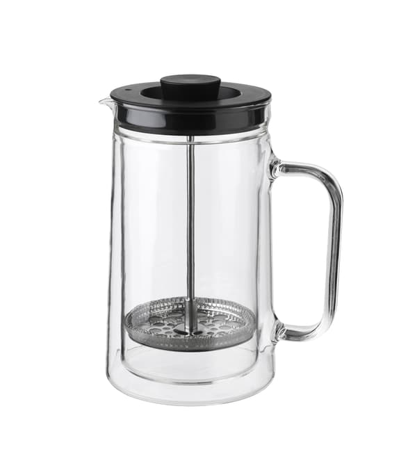 A glass cafetière with black lid.