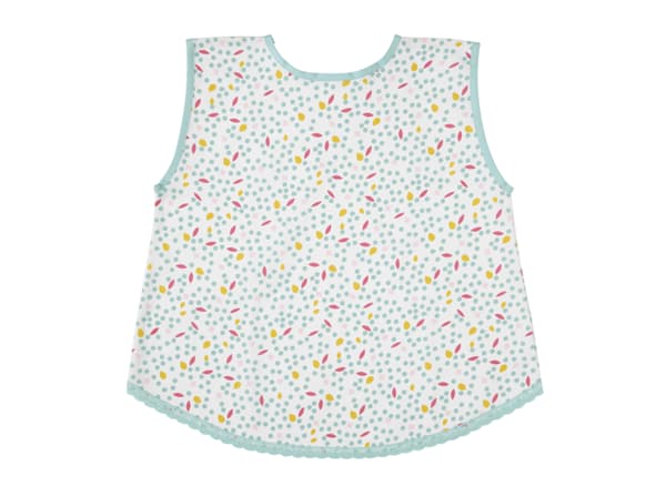 A green and white patterned child’s apron.