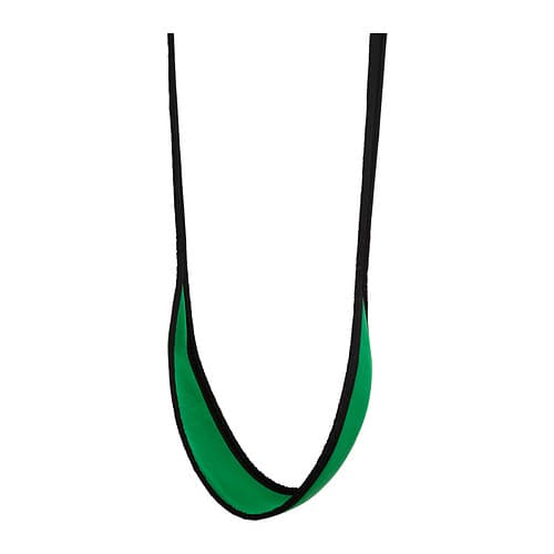 A green child's swing with black trim against a white background.