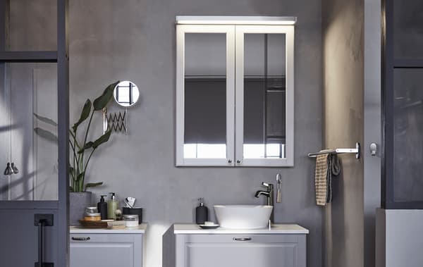 A grey bathroom cabinet with intergrated lighting.