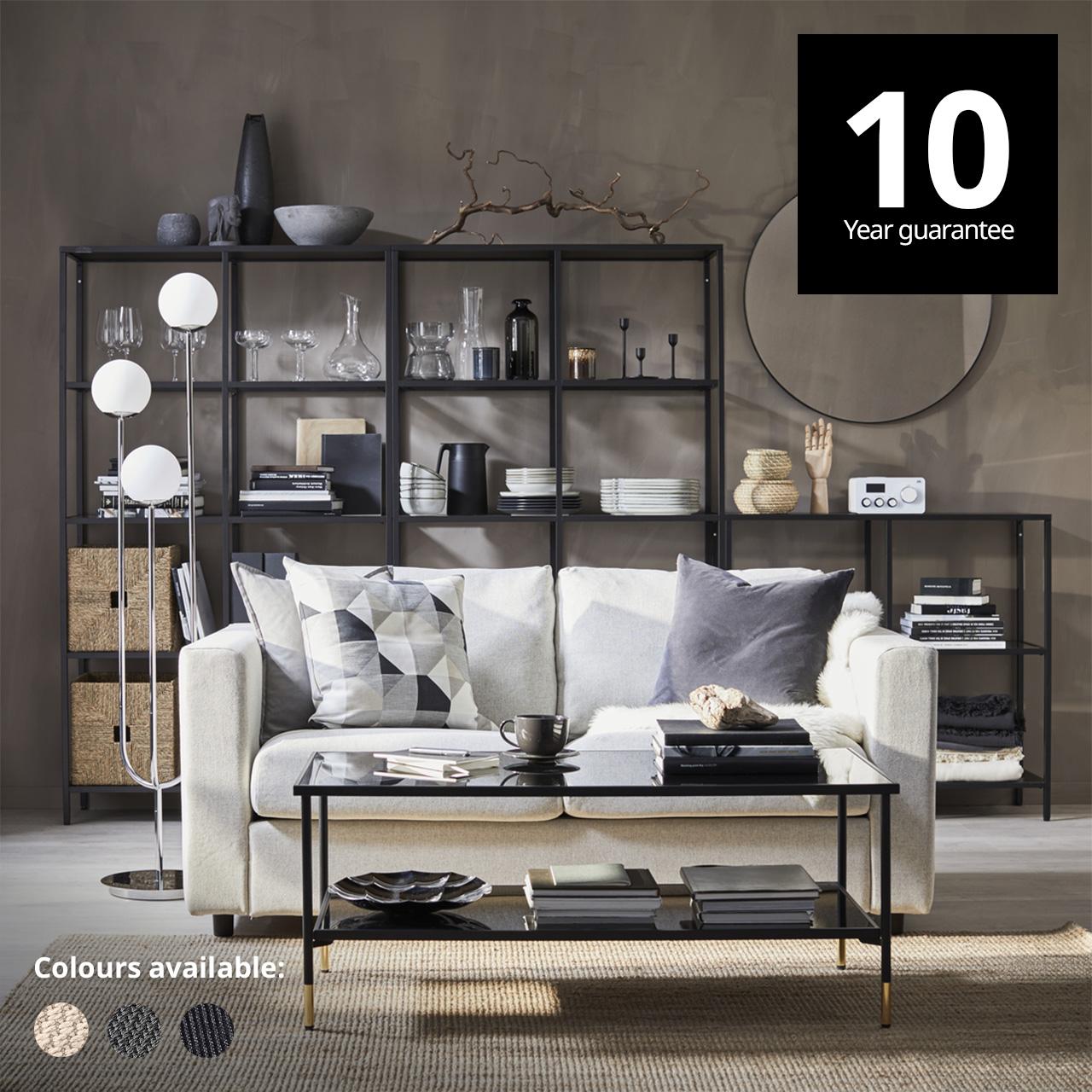 A Gunnared beige VIMLE 2-seat sofa. A 10-year guarantee tag is placed over the image at the top right corner. White text overlay image that reads "Colours available:" with the colour swatch of Hallarp beige, Hallarp grey and Saxemara black-blue.