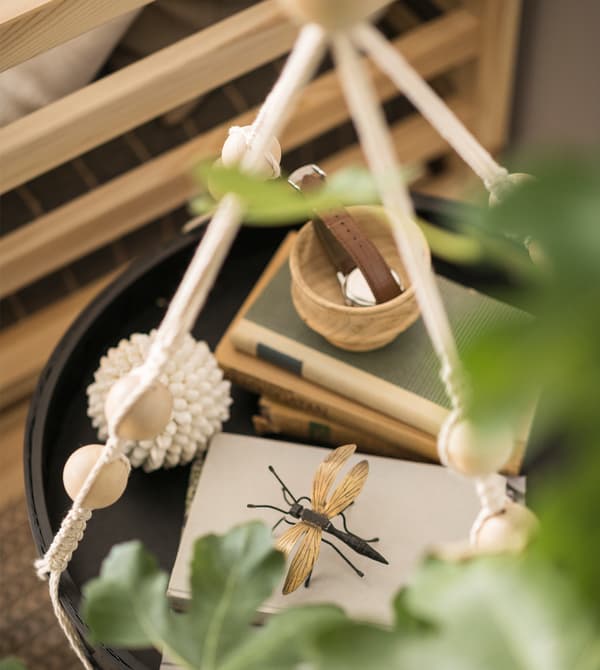A hanging tray with books and decorative items is shown from above.