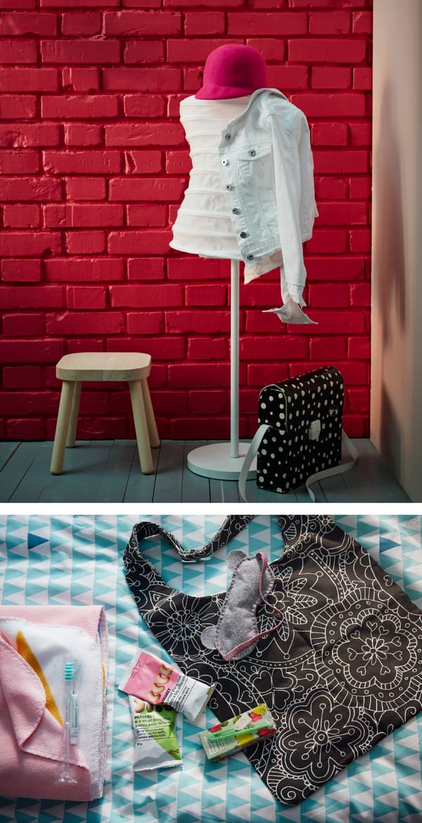 A jacket and hat on a white NÄPEN mannequin coat rack with a FLISAT pine stool nearby