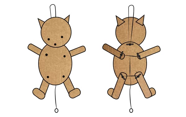 A Jumping Jack in the shape of a bear made in cardboard.