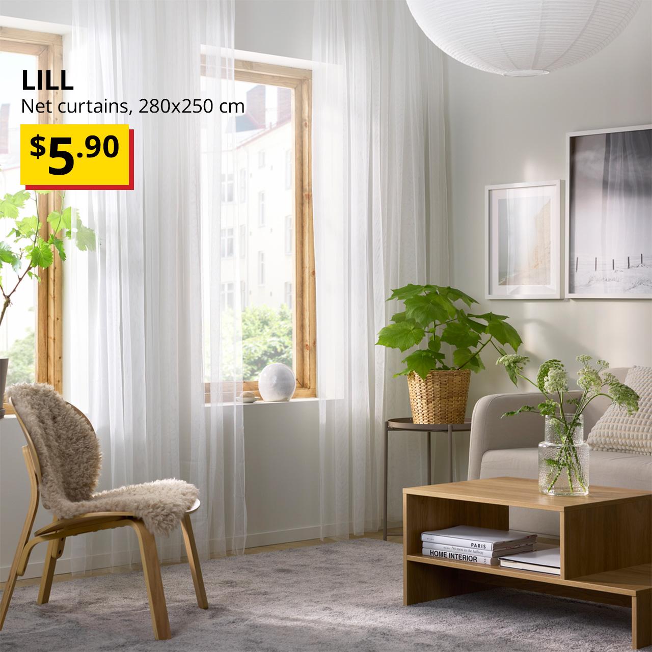 A LILL sheer net curtains hung on the living room window. Black text overlay image that reads, "LILL, Net curtains, 280x250 cm", followed by a breath-taking price tag of $5.90.