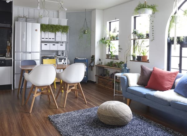 A living area with sofa, rug, dining table and chairs and storage boxes against the wall.