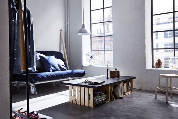 A loft-style bedroom and living room in one with a sofa-bed.