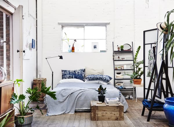 A low bed with blue and white striped bedsheets in a small bedroom with pine crates and large potted plants.