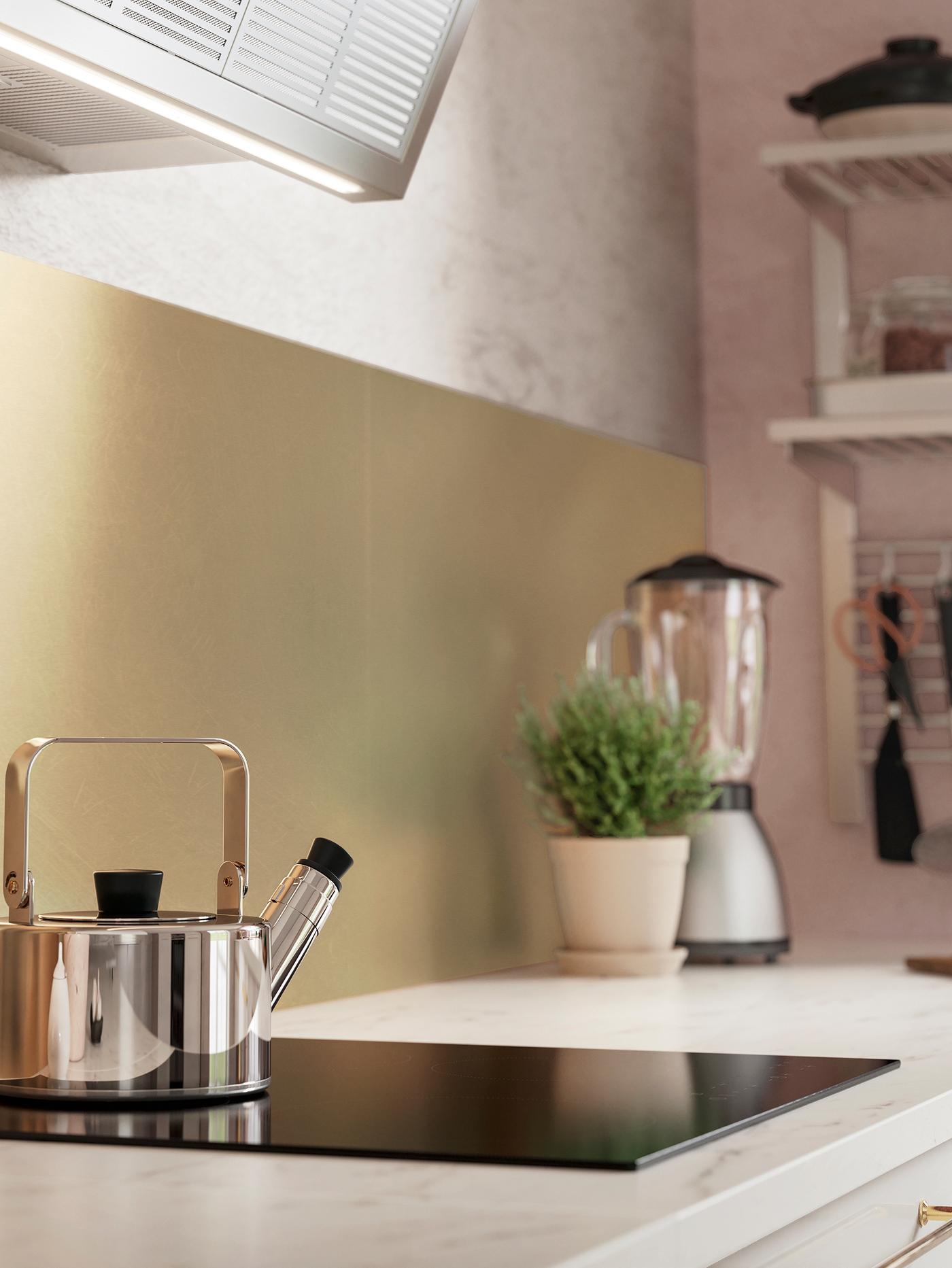 A LYSEKIL brass coloured wall panel behind a kitchen worktop with marble effect and a stainless-steel tea pot on a hob.