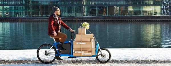 A man on a cargo bike loaded with IKEA packages.