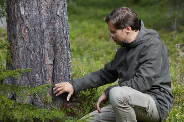 A man wearing glasses sits next to a tree on a forest bed. He is inspecting the trunk of the tree by touching it.