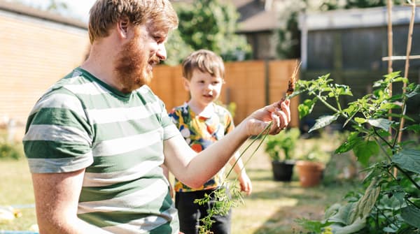 A man with a beard and a striped t-shirt shows his toddler plants in their garden.