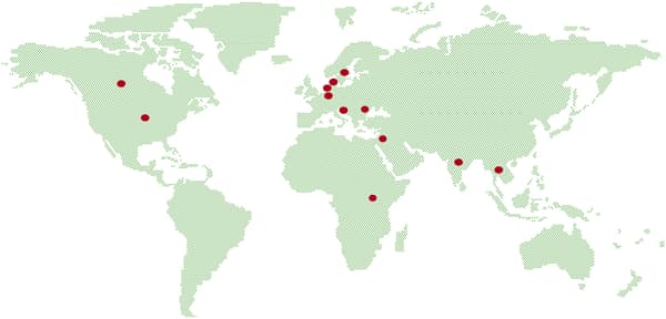 A map pointing out the social entrepreneurs IKEA work with around the world - India, Thailand, Sweden, Denmark, Belgium, Netherlands, Croatia, USA and Canada.