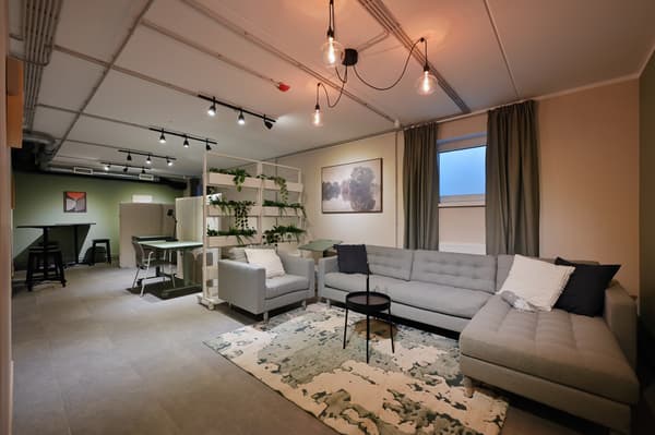 A modern co-working space with a lounge area featuring a large grey sofa, armchairs, soft lighting, and indoor plants. Open workstations, neutral tones, and industrial-style details create a calm and welcoming environment for work, meetings, and relaxation.