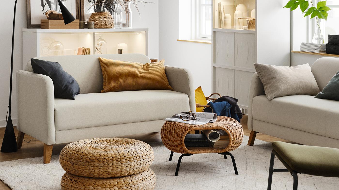 A modern living room is only under ₱25,000. Furnished with LINANÄS sofa, LINNEBÄCK armchair, ALSEDA stool and more. It blends natural tones for a coastal vibe. 