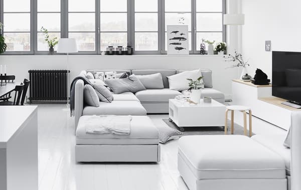 A modular sofa arranged for socialising.