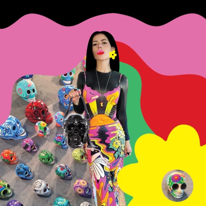 A moodboard in pink, yellow, green, red, and black with a portrait of Liz in the front next to an image of colorful painted skulls.