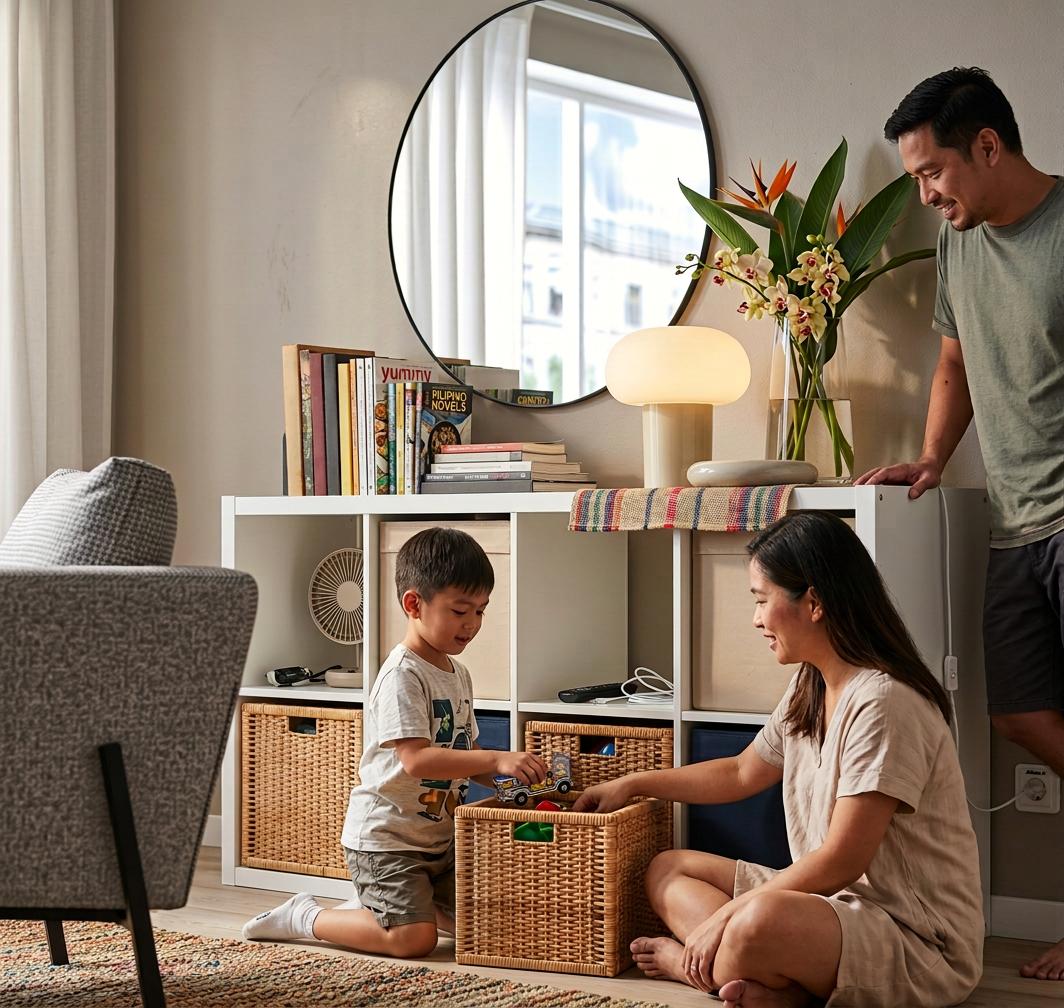 A mother and young son sort toys into a wicker basket beside a living-room shelf as the father smiles nearby, creating a warm family moment.