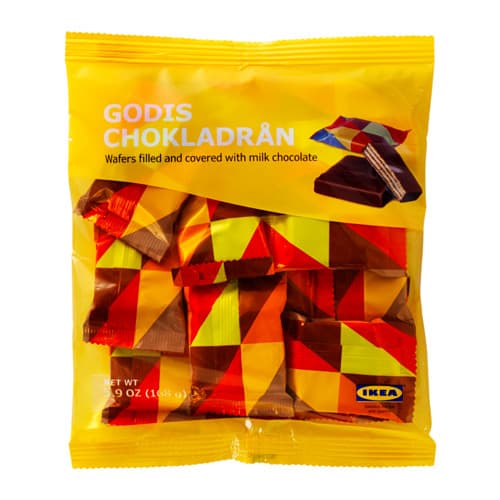 A package of GODIS CHOKLADRAN candy in a yellow bag.