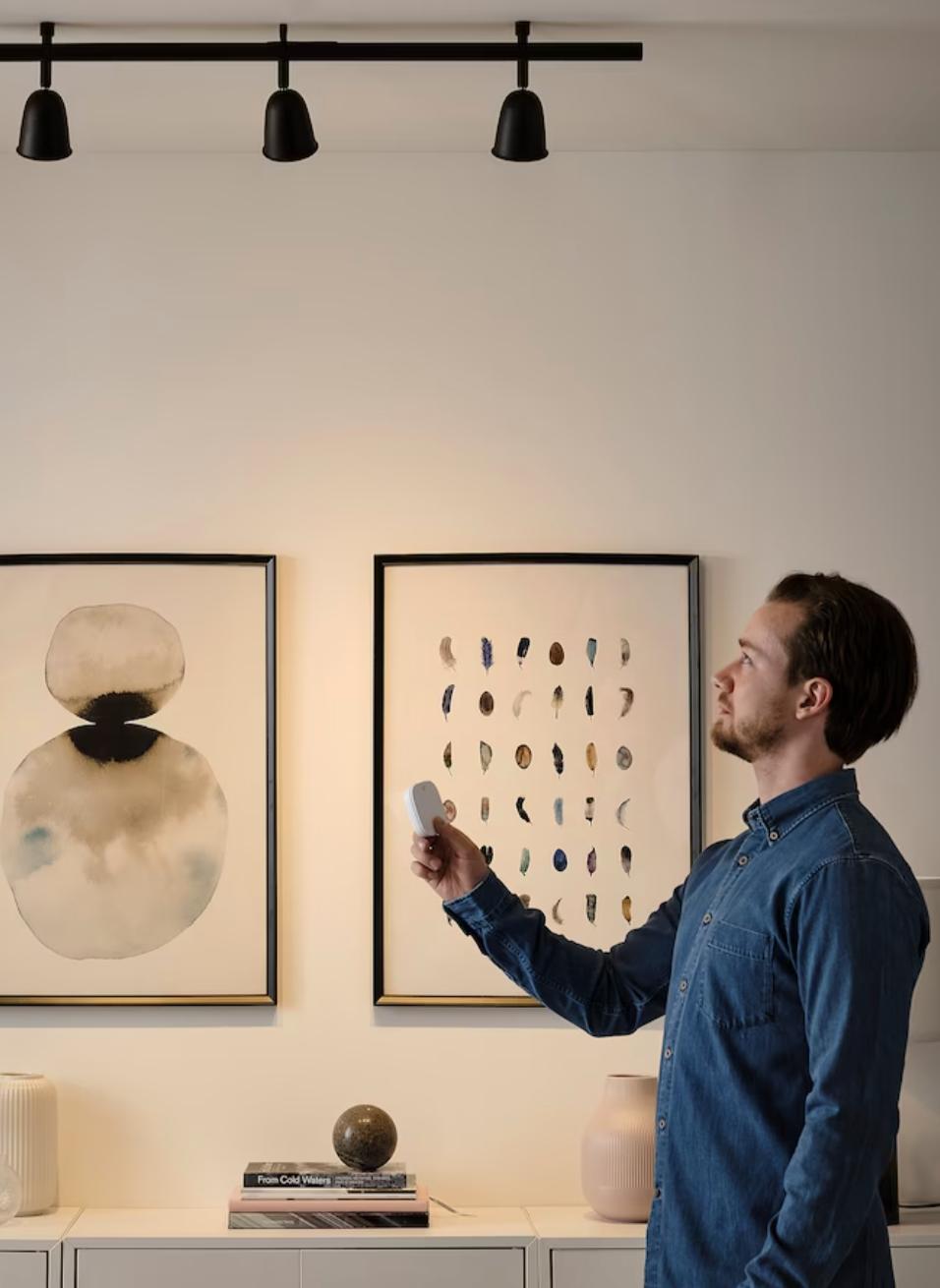 A person standing in a living room and holding IKEA smart lighting remote control. 