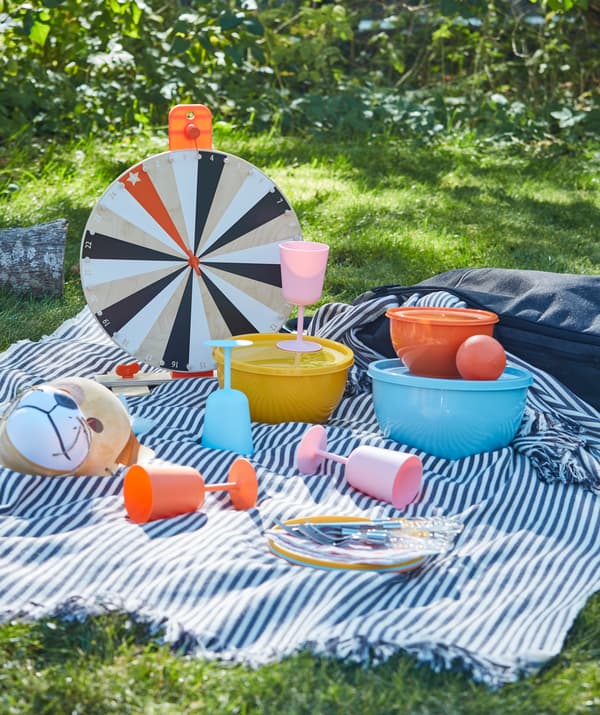 A picnic in the grass with plastic tableware and wine glasses in mixed colours.