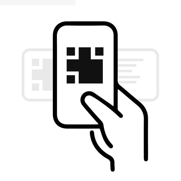 A pictogram of a hand holding a mobile phone scanning a QR code.