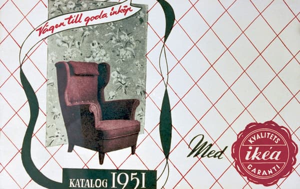 A picture of the very first IKEA catalogue that was published in 1951. It includes a red armchair on the cover.